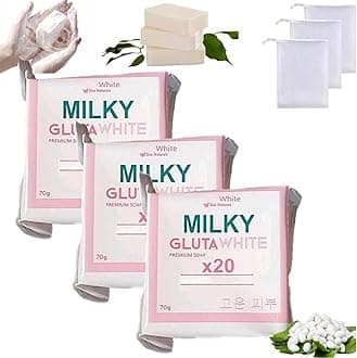 Milky Gluta White Soap 20x, Milky Gluta White Soap, Glutamilk 𝐖𝐡𝐢𝐭𝐞𝐧𝐢𝐧𝐠 Soaps, Glutamilk Premium BarSoap for Face & Body, Deep Cleanse, Exfoliate & Hydrated (3PCS)