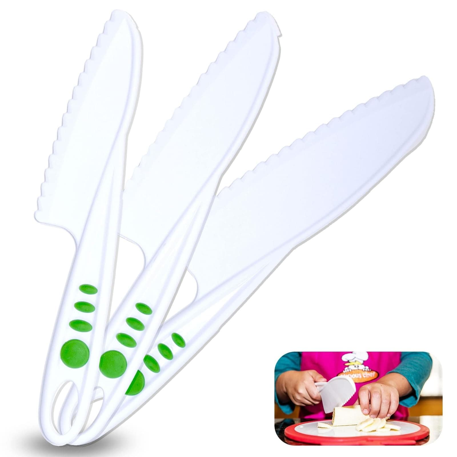 Curious Chef Kid Safe Kitchen Knife Set - 3-Piece Nylon Knives for Kids, White & Green, Ages 4+ - Non-Scratch Tools for Nonstick Pans & Kitchen Tool Set