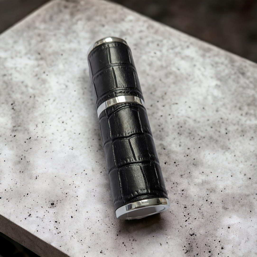 The Essential Atomizer Co. Black & Silver Faux Croc 10ml Refillable Perfume or Aftershave Travel Atomizer. Supplied with Filling Funnel & Gift Box