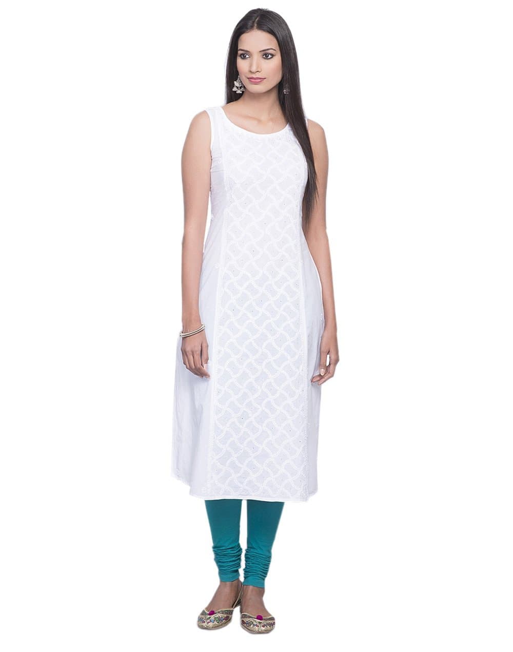 FabindiaCotton Cambric Chikankari Panel Long Kurta/S, White, S