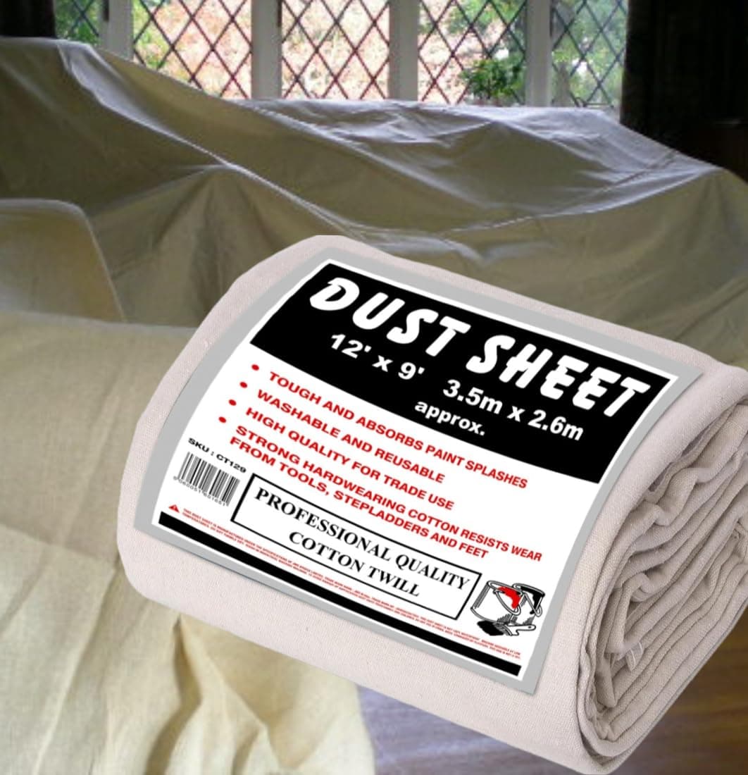 1 x Extra Large 100% Cotton Twill Dust Sheet, 12ft x 9ft, Paint Cover for Painting, Furniture, Decorators, Decorating. Large Size 3.50m x 2.60m Approx (1xCT129)