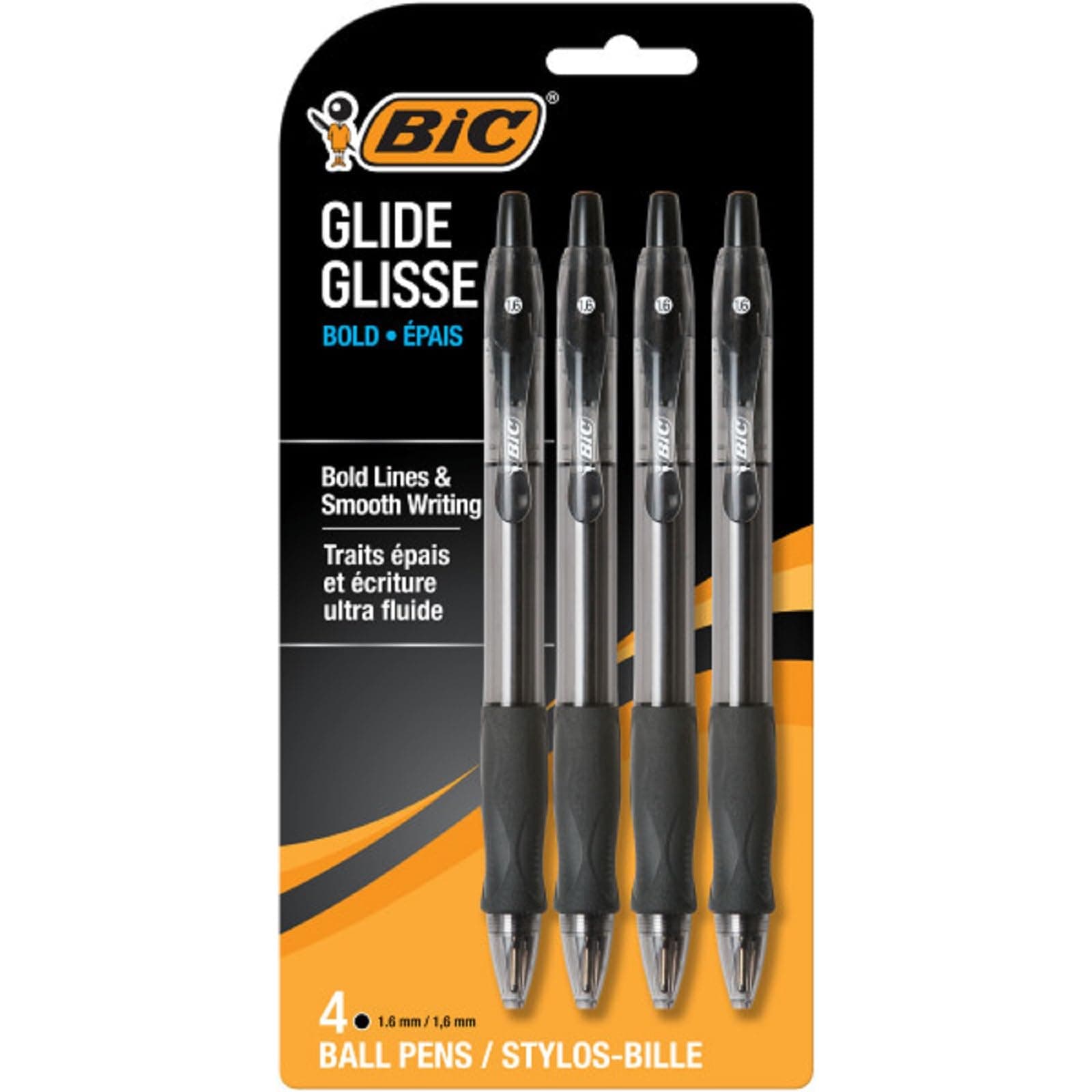 Glide Bold Black Ballpoint Pens, Bold Point (1.6mm), 4-Count Pack, Retractable Ballpoint Pens With Comfortable Full Grip