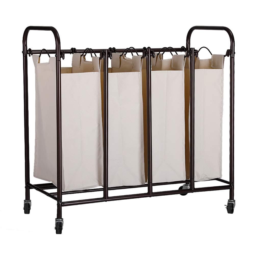 JZM Laundry Hamper,Heavy-Duty 4-Bag Section Rolling Laundry Sorter Trolley Storage Cart on Wheels, Dirty Clothes Bin Box Organizer Basket Frame for Bathroom Bedroom Home Household Farmhouse Hotel