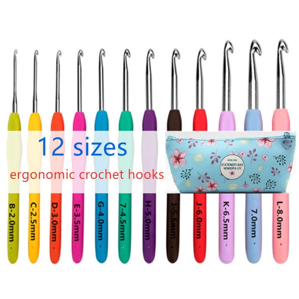 12 Sizes Crochet Hook Set,2mm(B)-8mm(L) Ergonomic Crochet Hooks & 9 Yarn Needles with Case - Smooth & Extra Long Crochet Hooks