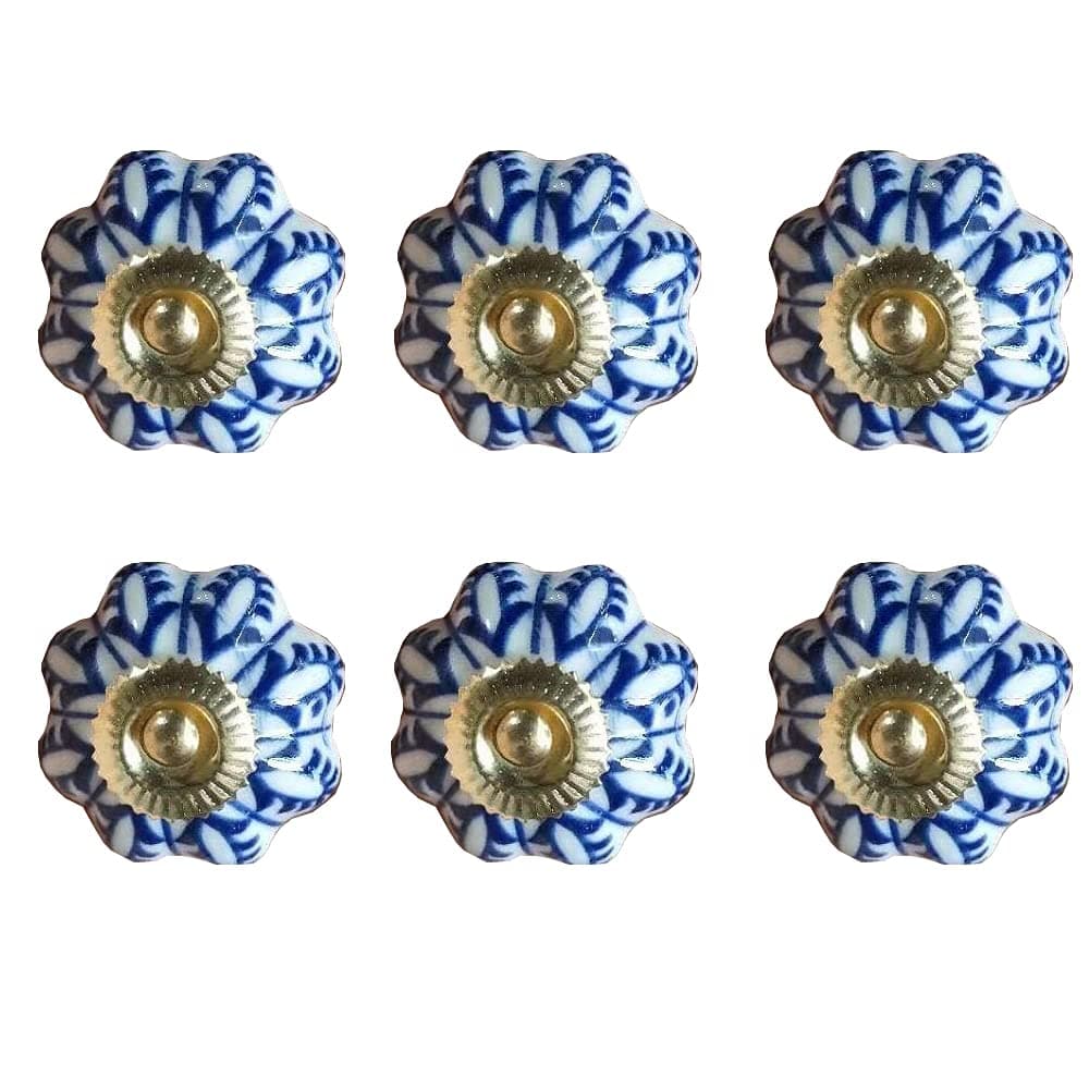 Set of 6 Ceramic Knobs for Kitchen Cabinet Drawer Knobs Blue and White Painted Handles Bathroom Cabinet Furniture Dresser Drawer Knobs and Pulls (6, Gold)