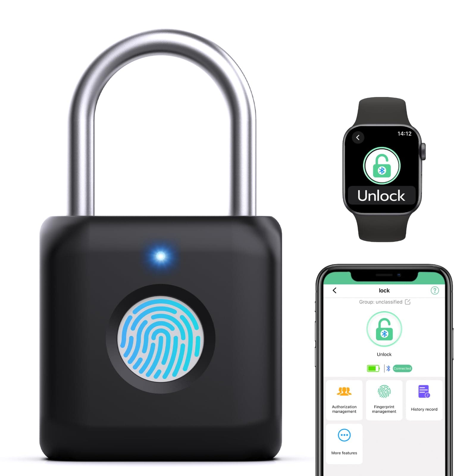 Fingerprint Padlock,Gym Locker Lock,Smart Padlock Bluetooth APP Control,Fingerprint Lock USB Rechargeable for Gym Locker,Locker, School,Storage Black