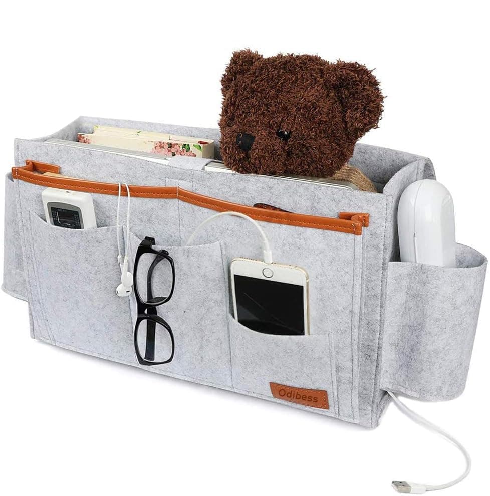 Newthinking Large Capacity Bedside Storage Pocket, Felt Bedside Caddy Pocket with 5 Pockets Holder for Store Remote Control, Book and Glasses, Grey