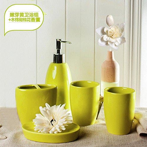 Modern Design 5Piece Ceramic Bathroom Accessory Set , Soap Dish, Tooth Brush Holder, Soap Dispenser,F Shoots Yellow + aromatherapy