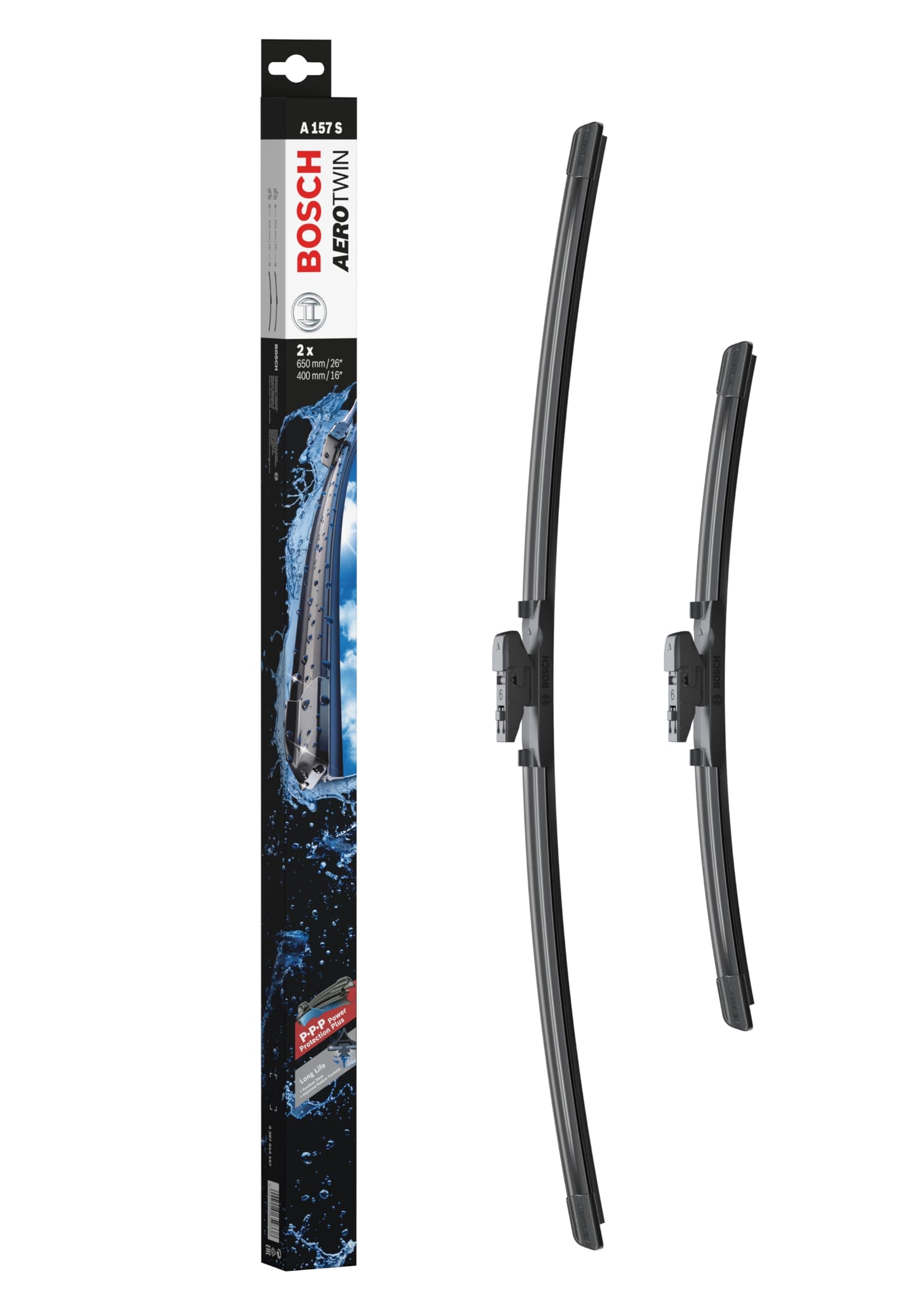Bosch Aerotwin A 157 S - Front Windscreen Wipers - Set of 2 Replacement Blades - Comes with Pre-assembled Adapter - 2 Blades, 650mm/400mm - Only for left-hand drive (EU)