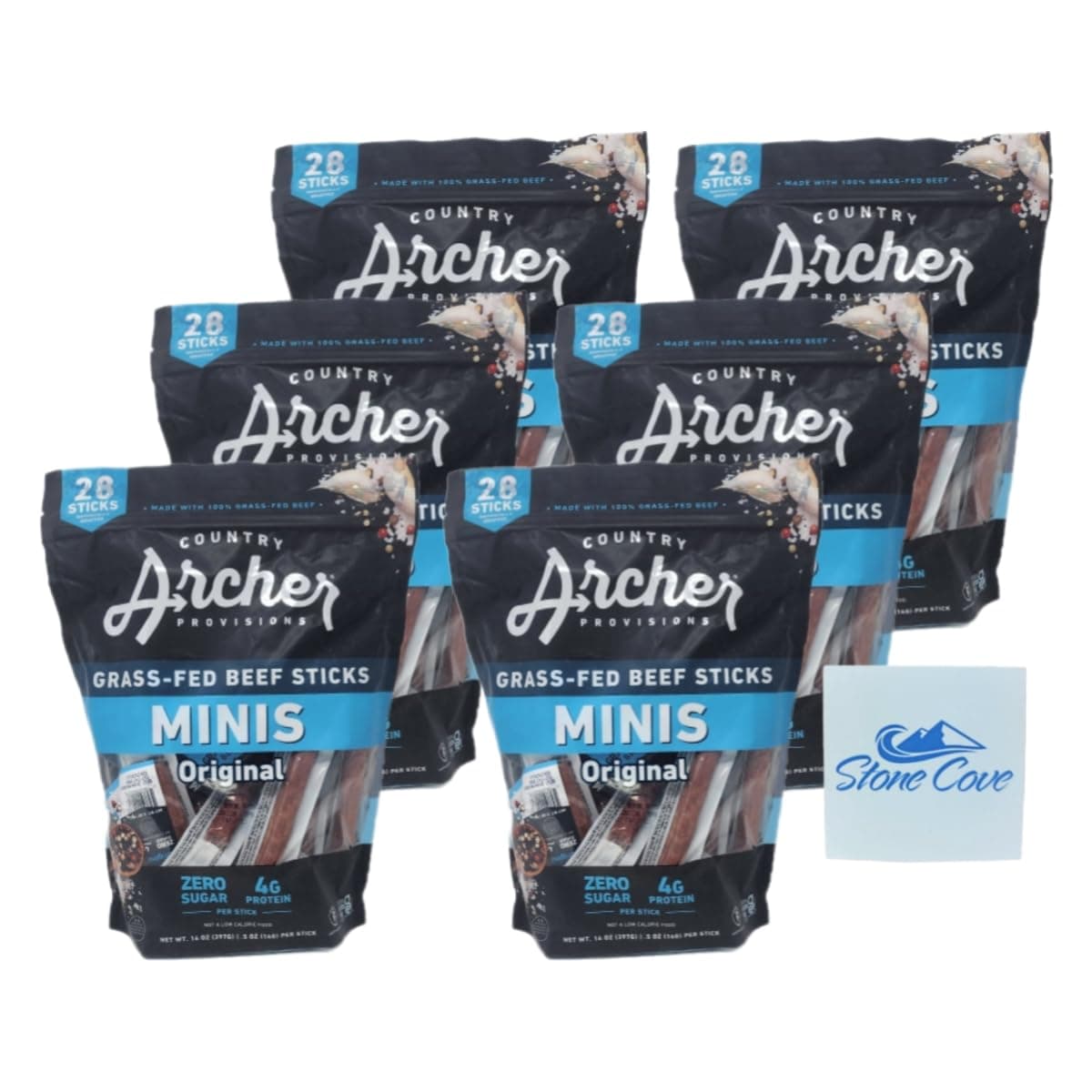 Country Archer Grass Fed Beef Sticks Minis Original Bundle With Stone Cove Fridge Magnet - Zero Sugar - 4 Grams Protein - Exclusively From Stone Cove Sales LLC (6 Bags)