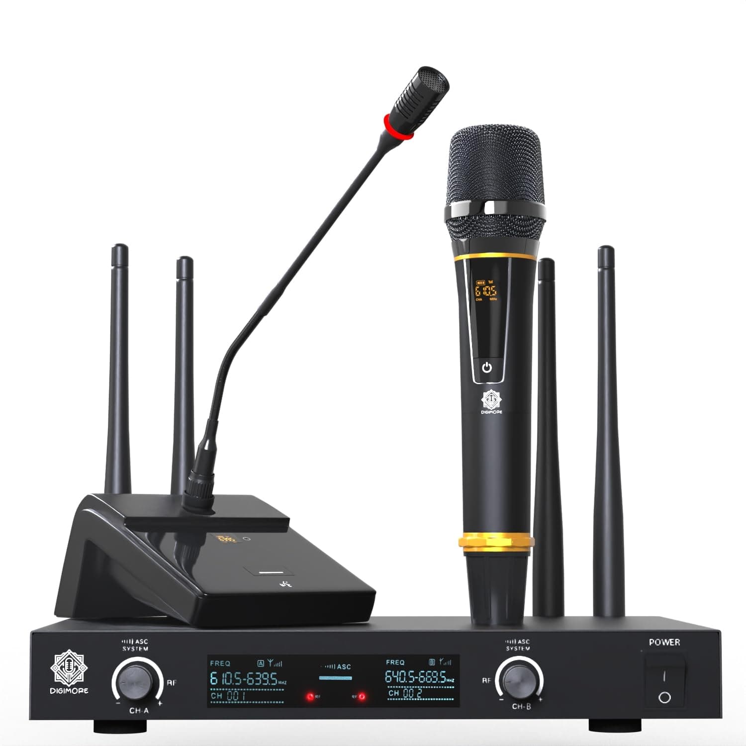 DIGIMOREUHF Wireless Desktop Gooseneck Microphone | 18" Podium Microphone with One Handheld Microphone | 60 Channels | 300 Feet Range | Meetings Video Conferences, Streaming Lectures (D-620)