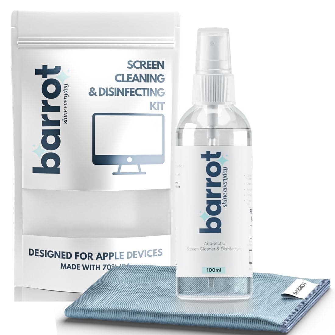 BARROT PRO Screen Cleaning Kit | Designed for Apple Devices - iPhones, iMacs, iPads, Macbooks | Made with 70% IPA | Includes 100ml Screen Cleaner, 30x30CM Large Microfiber | Easy to Store & Carry