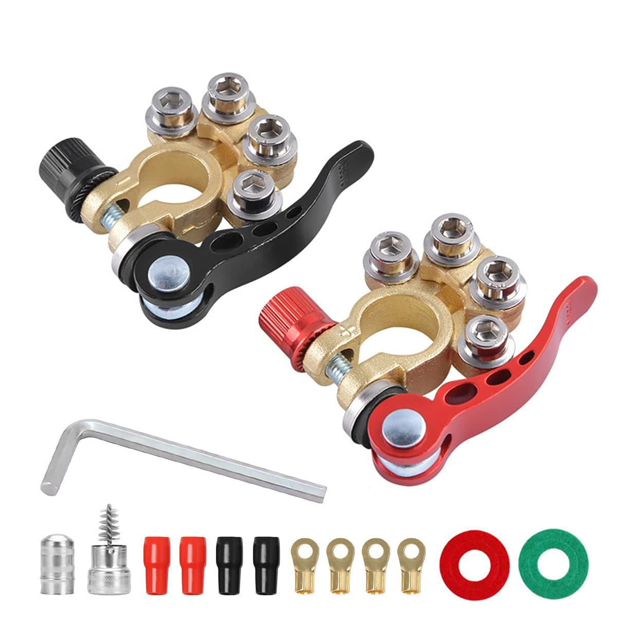 Car Battery Terminal Connectors, 2 Pcs 4 Way Quick Release Disconnect Car Battery Terminal for SAE/JIS Type A Posts, Compatible with Cars, Trucks, Vans and More