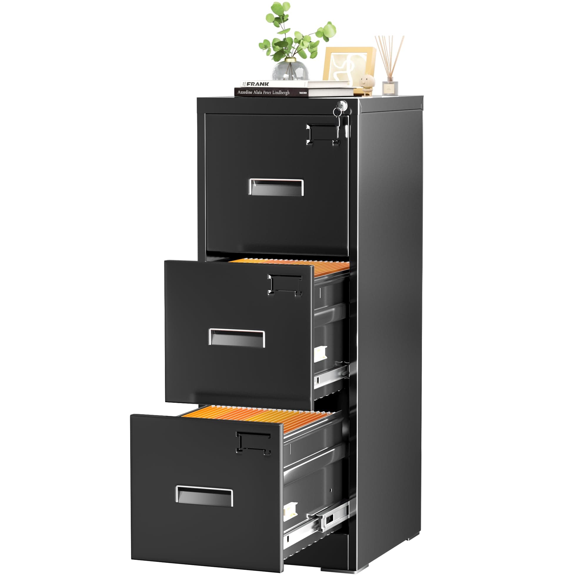 INTERGREAT3 Drawers File Cabinet with Lock, 18" D Vertical Filing Cabinet for Home Office, Metal Black File Cabinet for Hanging Letter/F4/A4/Legal Folders, Easy Assemble