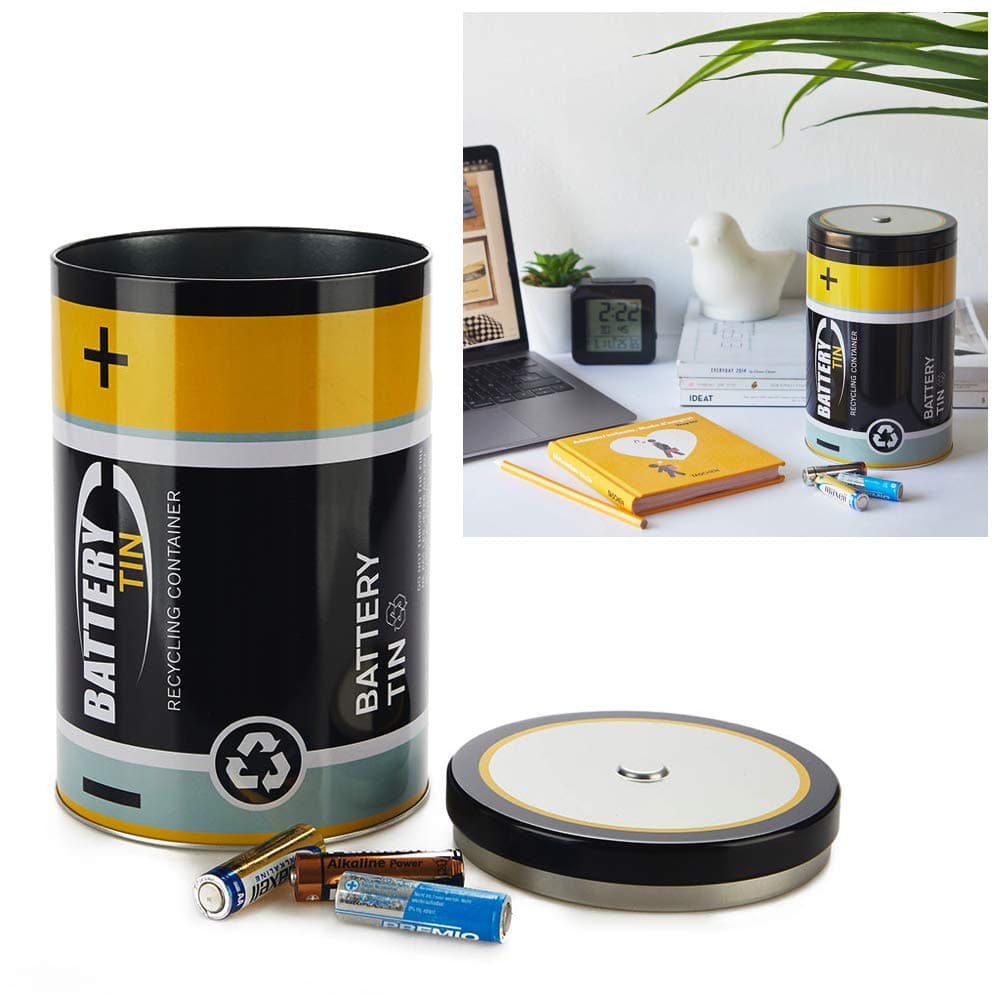 CKB LTD Battery Waste Recycling Bin Small Storage Container Tin For Used Batteries Novelty Design To Recycle And Help The Environment Ideal For Home Use, Office Desks Or Shop Counters 19 x 12cm