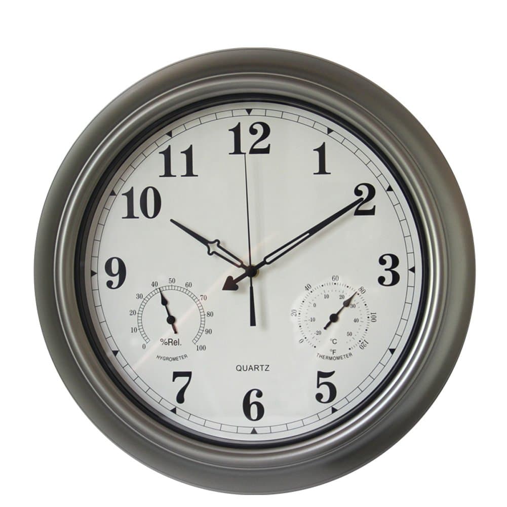 18" Metal Waterproof Frame Large Wall Clock with Temperature & Humidity Stats Classic Decorative Non-Ticking Quartz