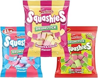Squashie DrumStick Candies Variety Multipack - 3 Pack BUNDLE - (120g each) - IMPORTED FROM THE UK (Rhubarb & Custard, Bubblegum and Cherry & Apple)