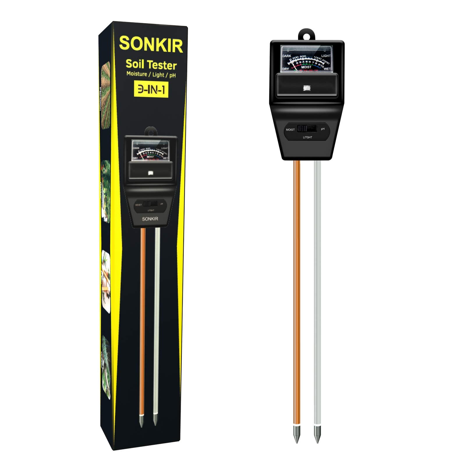 SONKIR Soil pH Meter MS09 3-in-1 Soil Moisture/Light/pH Tester Gardening Tool Kit for Plant Care, Ideal for Gardens, Lawns, Farms, Indoor & Outdoor Use(Black)