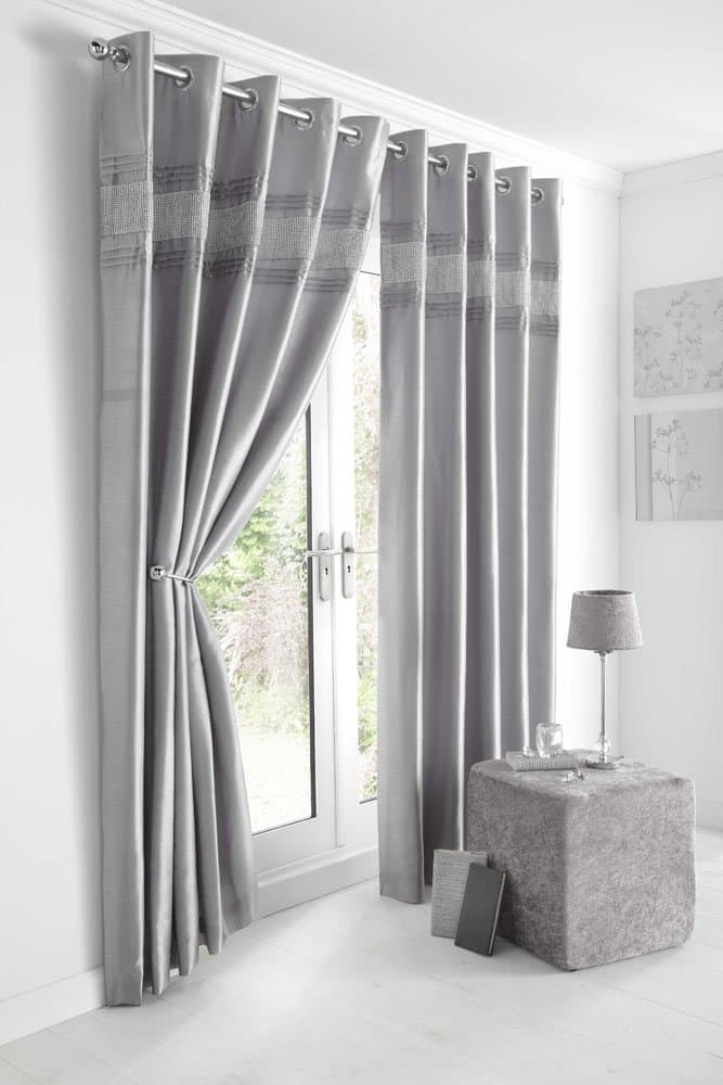 HOMEMAKER BEDDING SILVER GREY & DIAMANTE PANEL - LINED CURTAINS WITH EYELET RING TOP 66 x 72