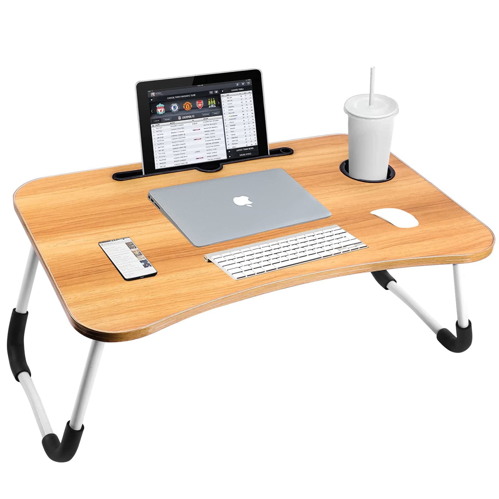 Portable Folding bed Table, Laptop Desk With ipad and Cup Holder Adjustable Lap Tray Notebook Stand,Foldable Non-slip Legs Reading Table Tray for working,studing,camping 60×40×28cm Beige