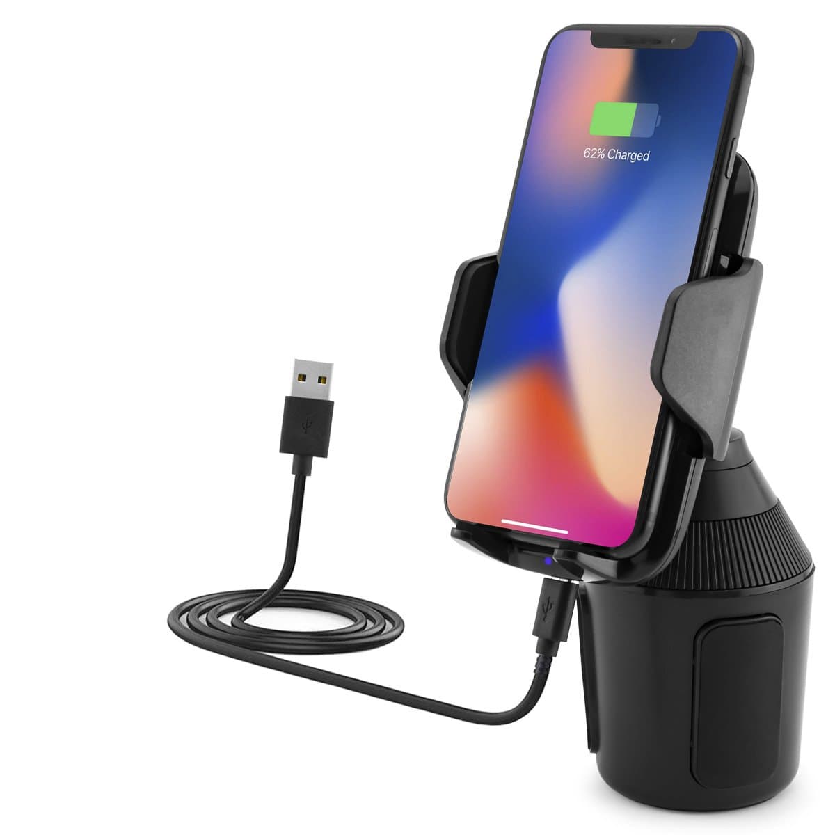 Universal Wireless car vehicle-can holder with Qi-charging function for Apple iPhone X, 8, 8 Plus / Samsung Galaxy Note 8, S8, S8+, S7, S7 Edge / LG G6, G4 / Microsoft / Motorola, etc.