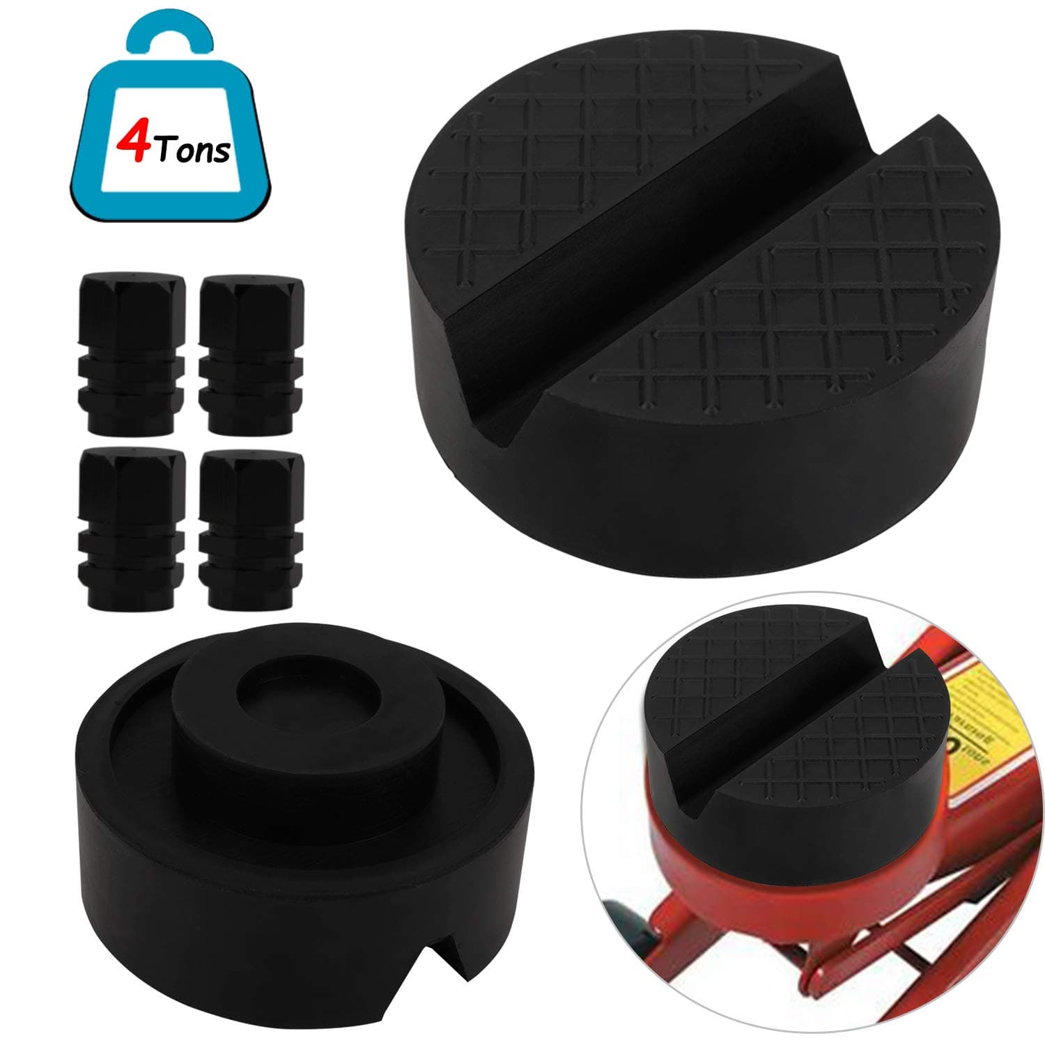 Howaf 2 Packs Jack Pad, Universal Slotted Rubber Jack pad Jack Lift Point Pad Adapter Tool Perfect Car and SUV Frame Rail Protector When Changing Tires With Valve Cap(Black)