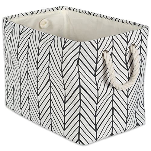 DII Collapsible Polyester Storage Basket or Bin with Durable Cotton Handles, Home Organizer Solution for Office, Bedroom, Closet, Toys, & Laundry (Medium - 16x10x12”), Off White Herringbone
