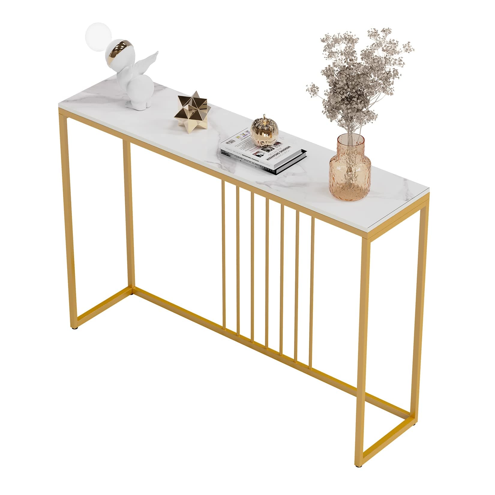 Gold Console Table Hallway Unit: White Marble Top Consoles Desk Long 120cm High Gloss Sintered Stone Marble Table Top with Gold Frame Narrow Tall Modern Sofa Side Tables Entrance Living Room