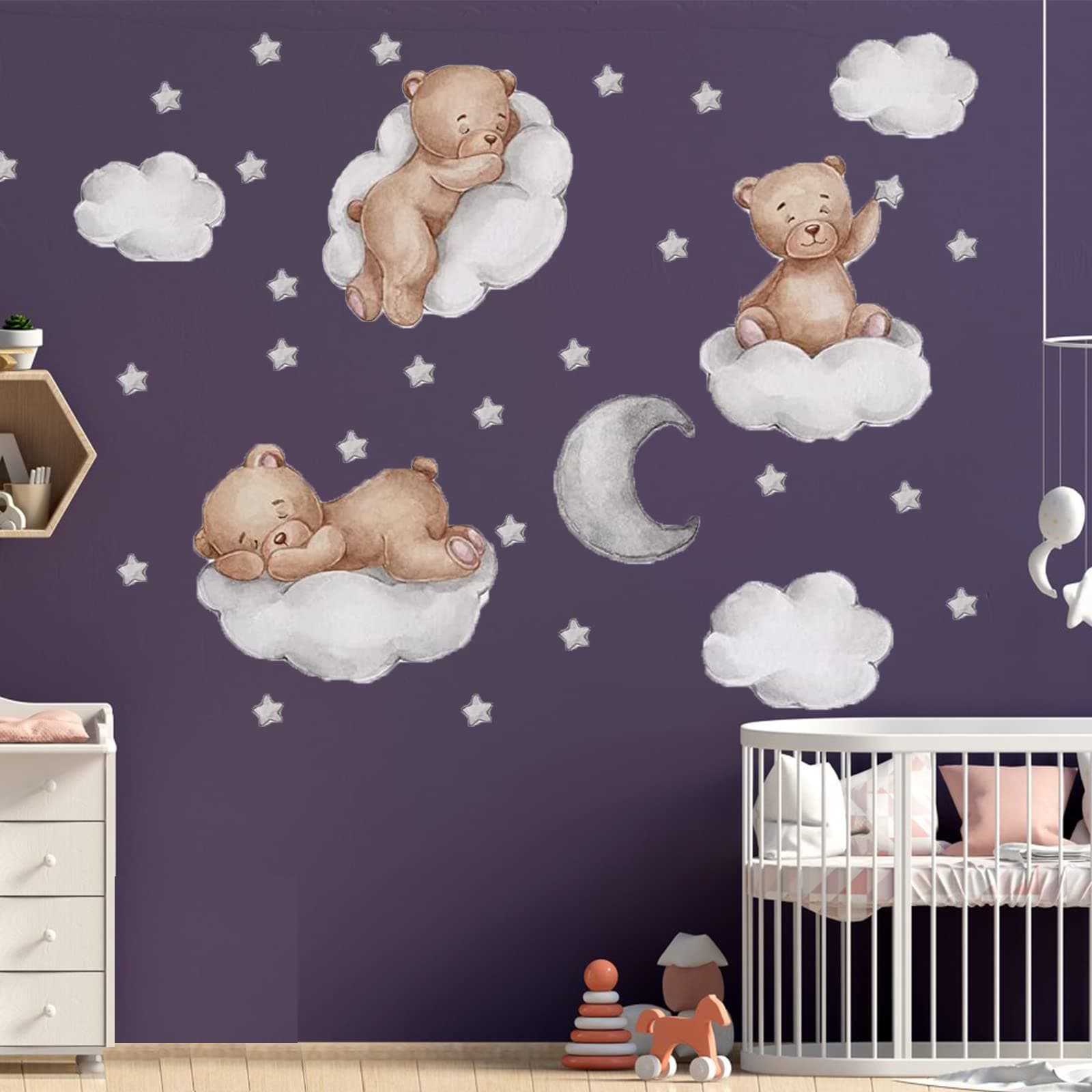 Tedy Bear Wall Decor, Tedy Bear Sleeping on The Moon and Stars Wall Stickers Cartoon Cute Tedy Bear Decals Extra Stars Wall Decor for Kids Baby Room Interior Nursery Tedy Bear Decoration