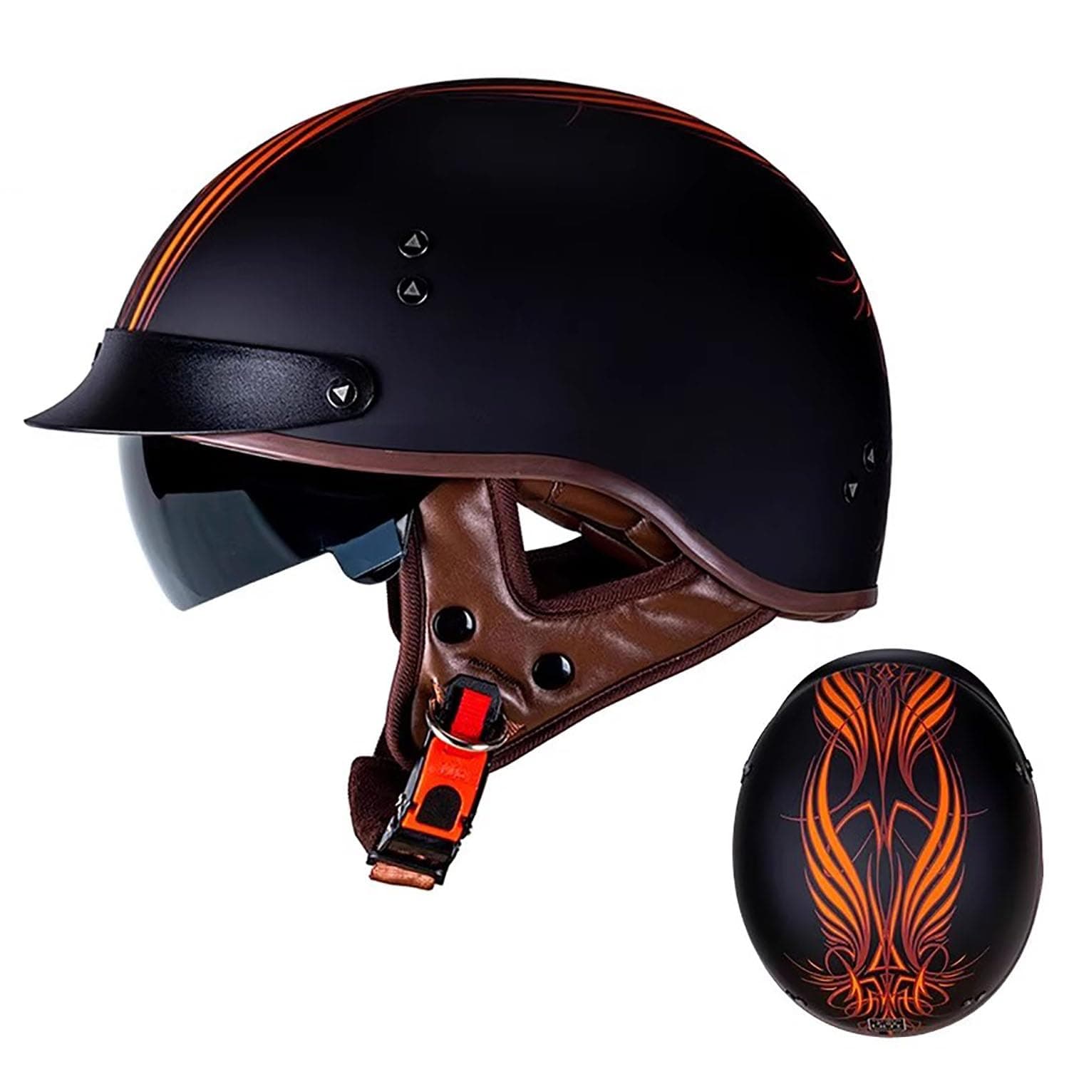 Vintage German Style Half Face Skull Cap Helmets Half Face Motorcycle Helmet Open-Face Motorbike Helmets with Drop-Down Sun Visor for Adult, Men and Women DOT/ECE Certified