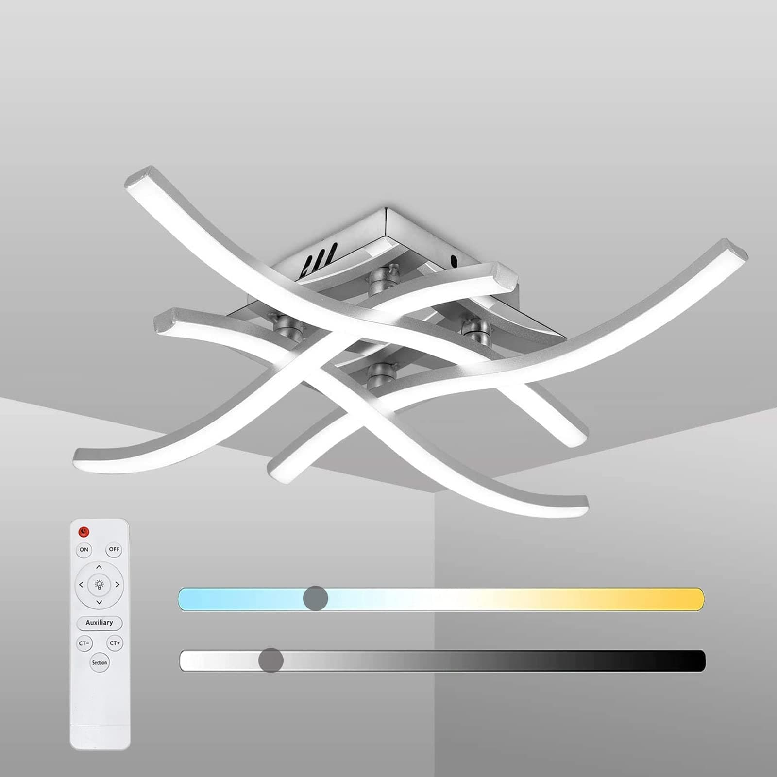 Miyawell LED Ceiling Light Dimmable Elegant Curved Design LED Ceiling Lamp 4 Built-in LED Boards 24W 2000lm Modern Metal Ceiling Lighting Fixture for Living Rooms Bedrooms