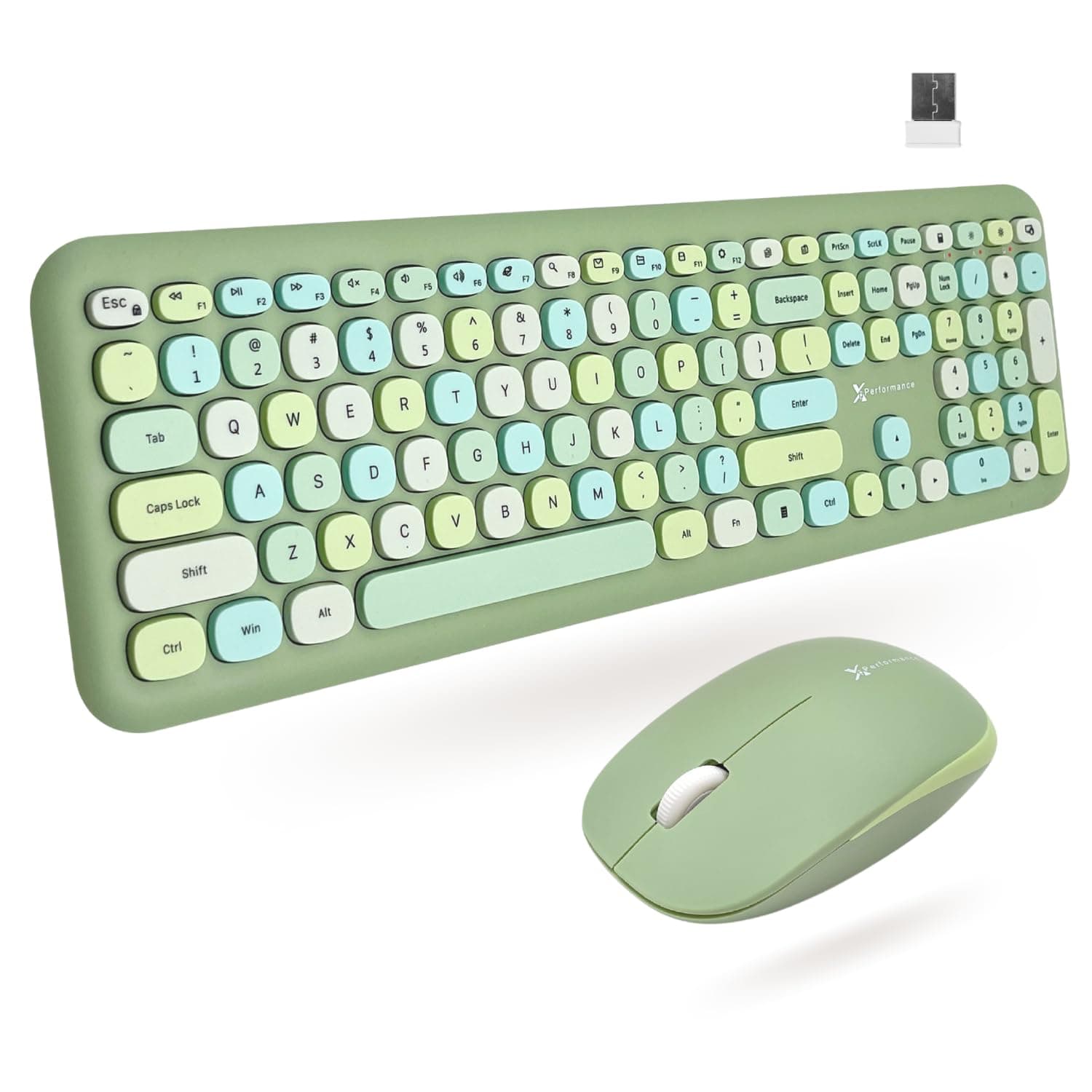 X9 Green Wireless Keyboard and Mouse Combo – 2.4G and Bluetooth Connectivity, Retro Typewriter-Style Wireless Keyboard and Mouse Set, Colorful Bubble Keyboard for Aesthetic Workspaces