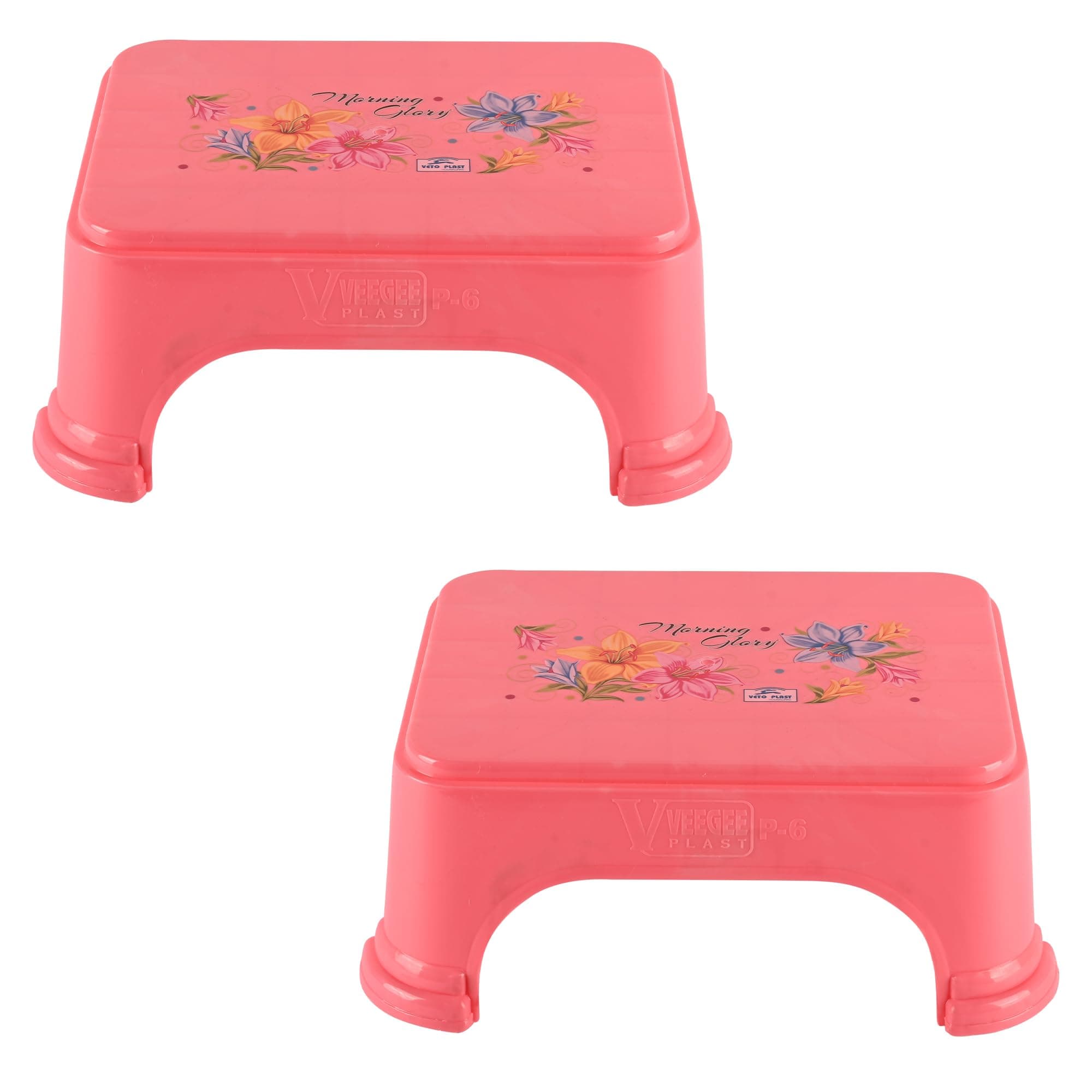 Kuber Industries Pack of 2 Bath Stool for Bathroom | Plastic Stools for Sitting | Bathroom Stool for Bathing | Flower Print Square Stool | Pink
