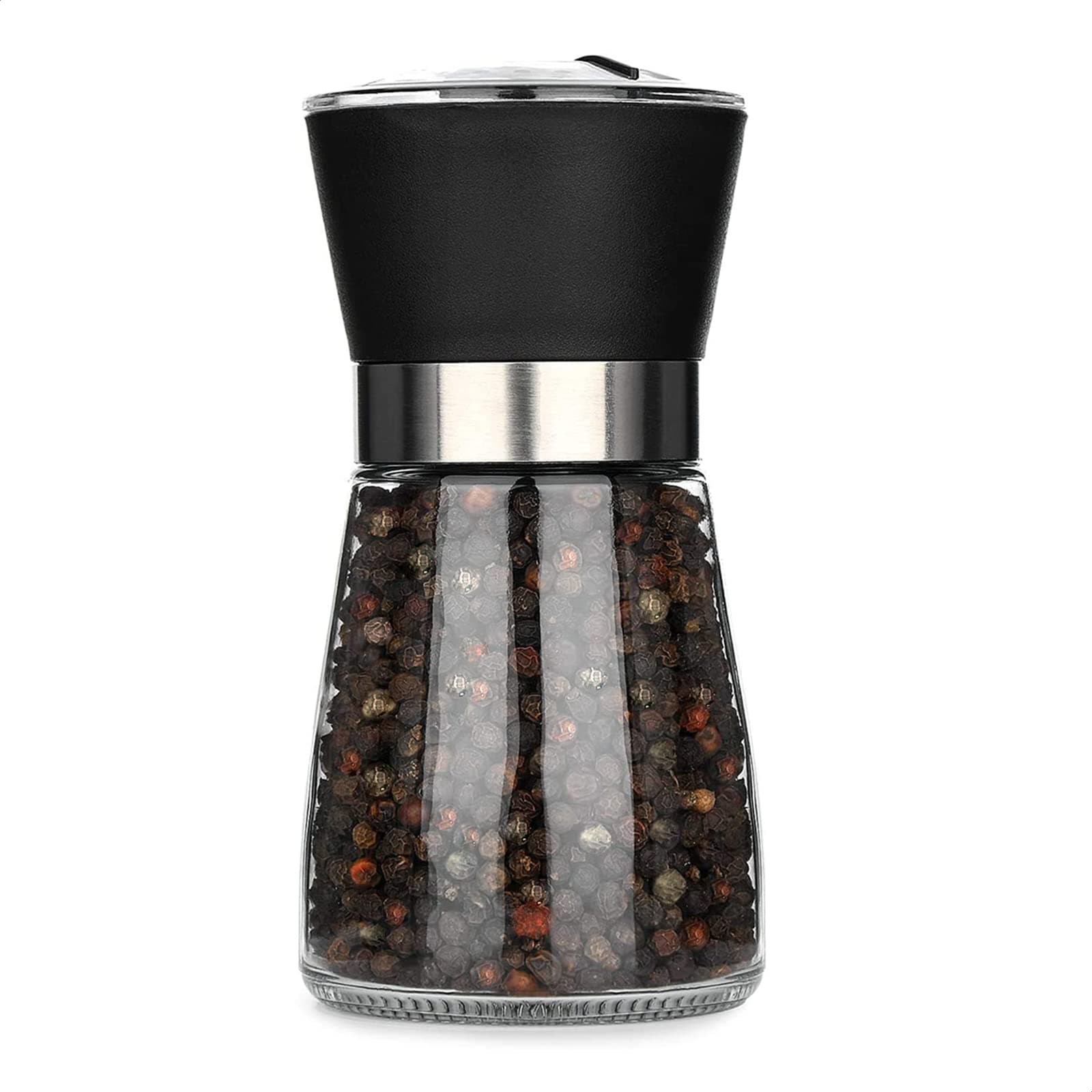 Manual Refillable Pepper Grinder - 6 Oz Refillable Glass Grinders for Pepper, Salt, and Other Spices, Adjustable Rotor with 5 Settings, Scratch-Resistant Glass, Good for Home & Professional Use