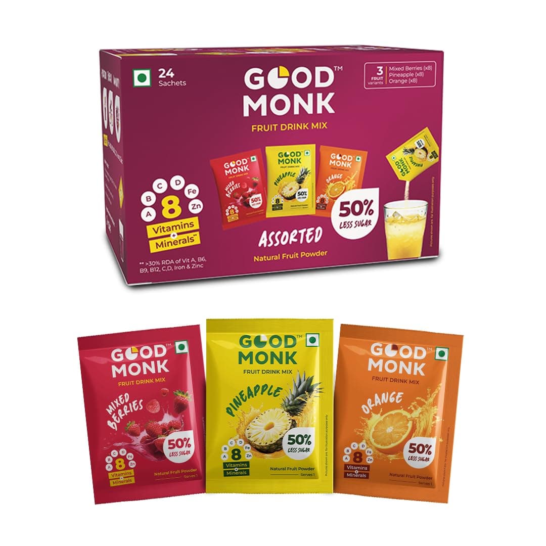 Good Monk Fruit Drink Mix (Assorted - Natural Orange, Mixed Berries, Pineapple Powder), 50% Less Sugar with 8 Vitamins & Minerals. Tasty & Healthy Mix for Hydration, Energy, Immunity. 8x3 = 24 sachets