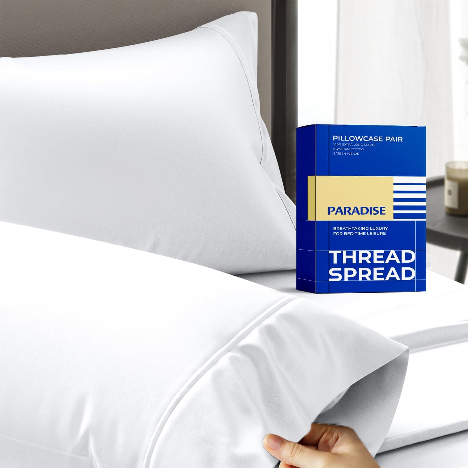 THREAD SPREAD 1000 Count 100% Egyptian Cotton Pillow Cases, White King Pillowcase Set of 2, Long-Staple Combed Pure Natural 100% Cotton Pillows for Sleeping, Soft & Silky Sateen Weave Bed Pillow Cover