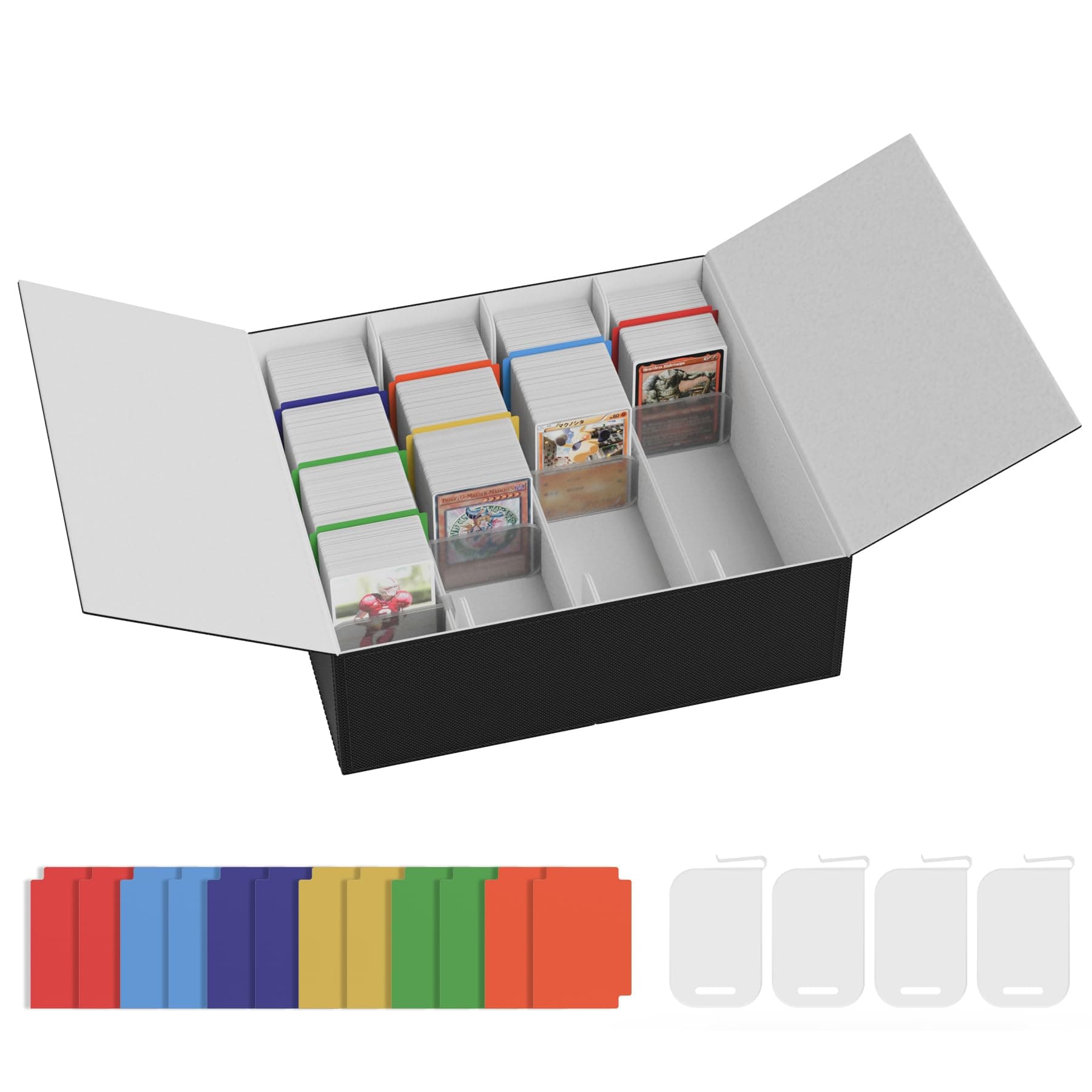 Dual Flip Trading Card Storage Box 3500+ Card Deck Case for Magic the Gathering PKM Sports Cards, 4-row Leather MTG PTCG Commander Deck with 12 PVC Dividers 4 Supporters, Black/Gray