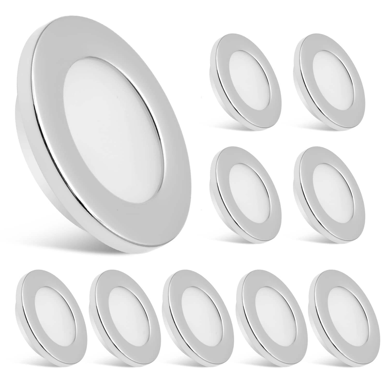 Dream lighting12V RV Interior LED Puck Lights Recessed Kitchen Ceiling Cabinet Cool White Lighting 2.8inch, Chrome Shell, Pack of 10