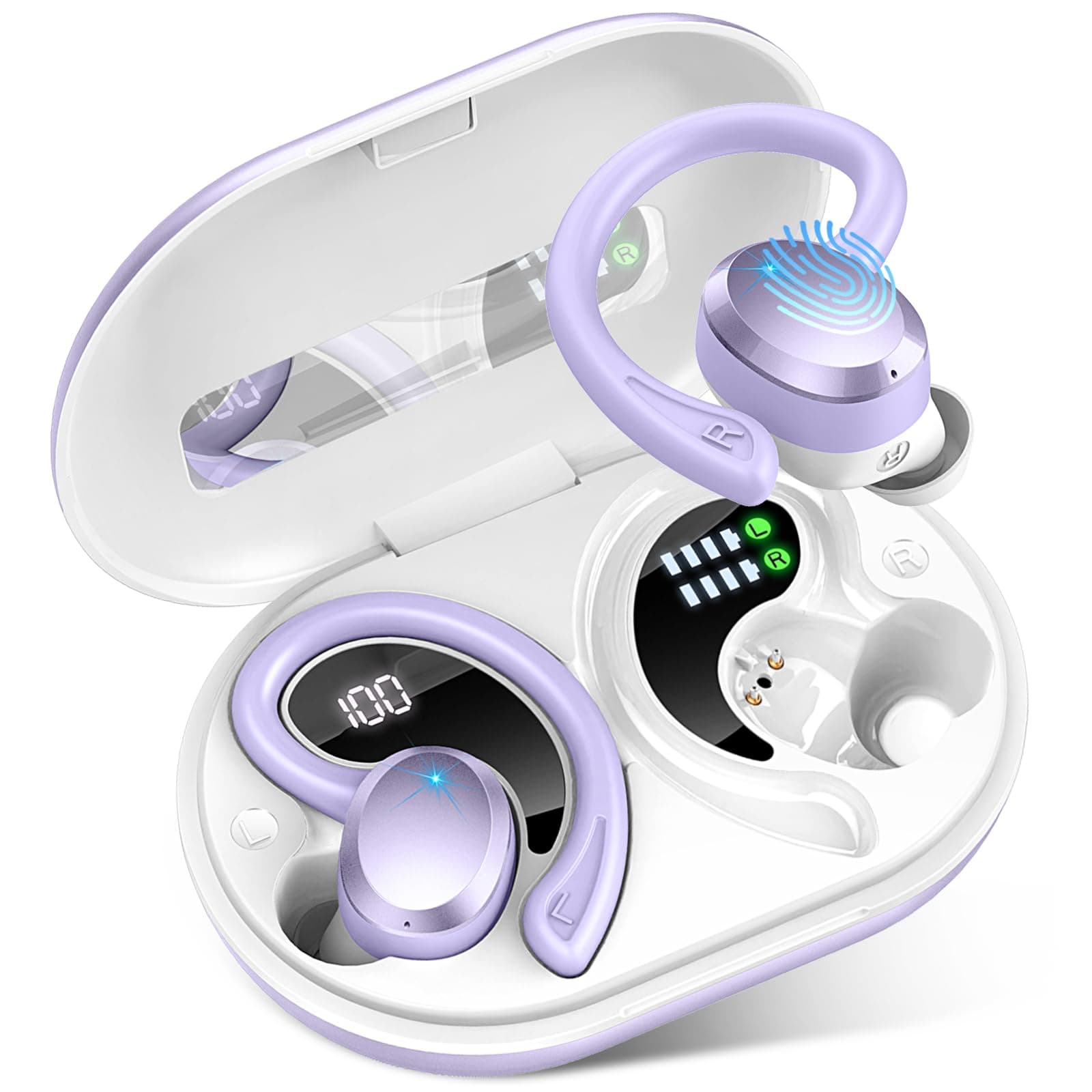 Wireless Earbuds Bluetooth Headphone Sport, Bluetooth 5.3 Earbud 3D HiFi Stereo Over Ear Buds, 48Hrs Earhooks Earphone with Noise Cancelling Mic, IP7 Waterproof Headset for Workout/Running/Gym, Purple
