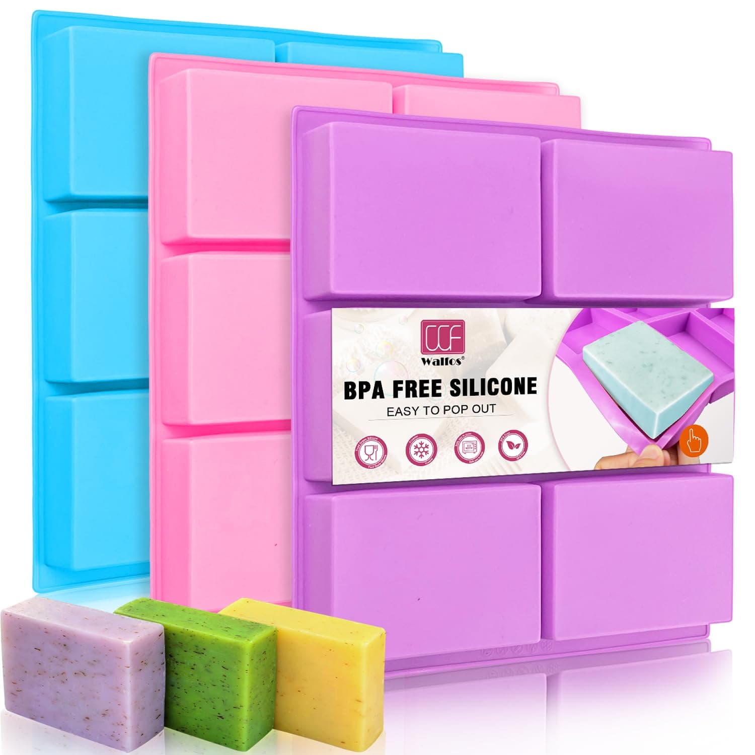 Walfos Silicone Soap Molds 3 Pack 6 PCS Rectangle Silicone Soap Mold Homemade Craft Soap Mould Cake Chocolate Ice Cube Tray (Blue&Purple&Pink)