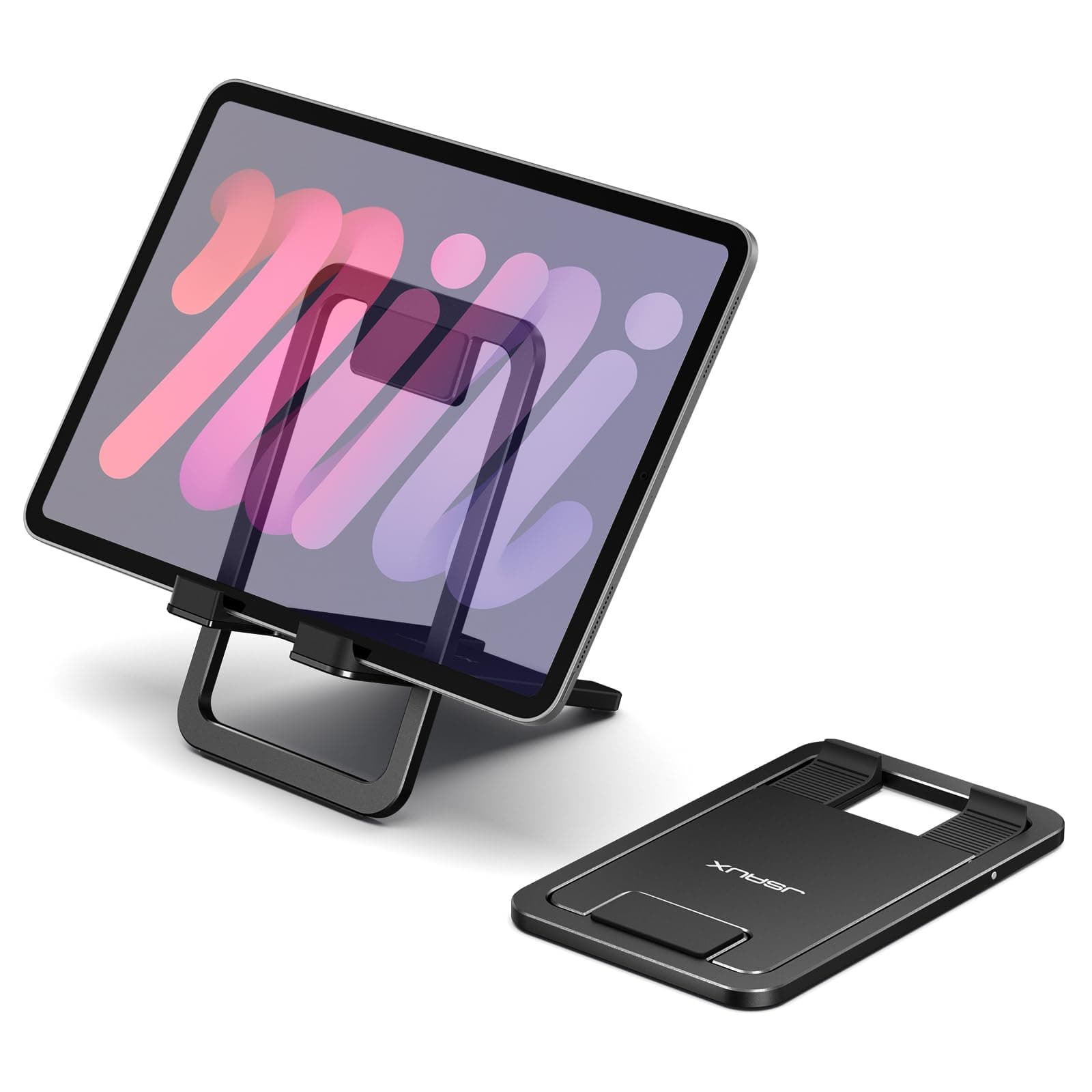JSAUX Universal Tablet Stand, Portable Foldable Tablet Holder for Desk Compatible with iPad mini/Air, Samsung Galaxy Tab, Kindle Fire, ROG Ally, iPhone and Other Tablets-Black