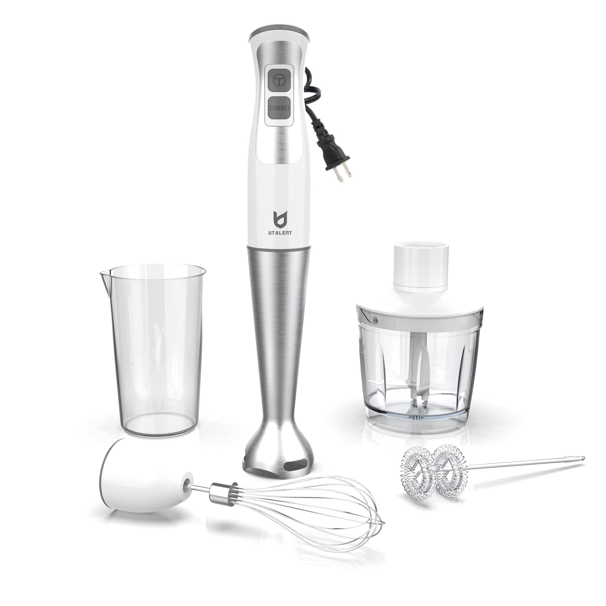 Immersion Hand Blender, UTALENT 5-in-1 8-Speed Immersion Blender with 500ml Food Grinder, 600ml Container,Milk Frother,Egg Whisk,Puree Infant Food, Smoothies, Sauces and Soups - White