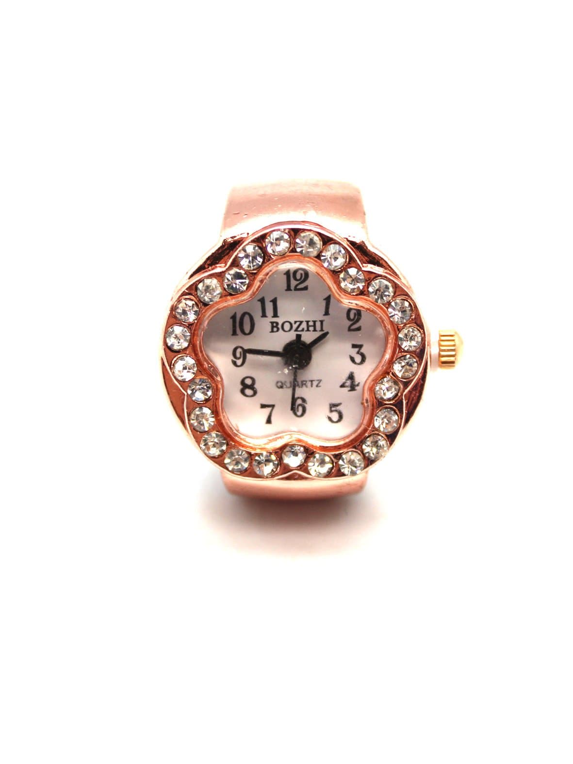 Quartz Copper Colored Watch Ring With Rhinestone Case Inlays