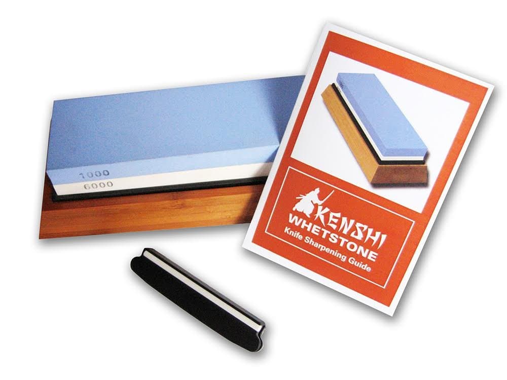 KENSHI Professional Knife Sharpening Whetstone Kit: Angle Guide, Bamboo Base, Combination 1000/6000 Grit. Instruction manual included