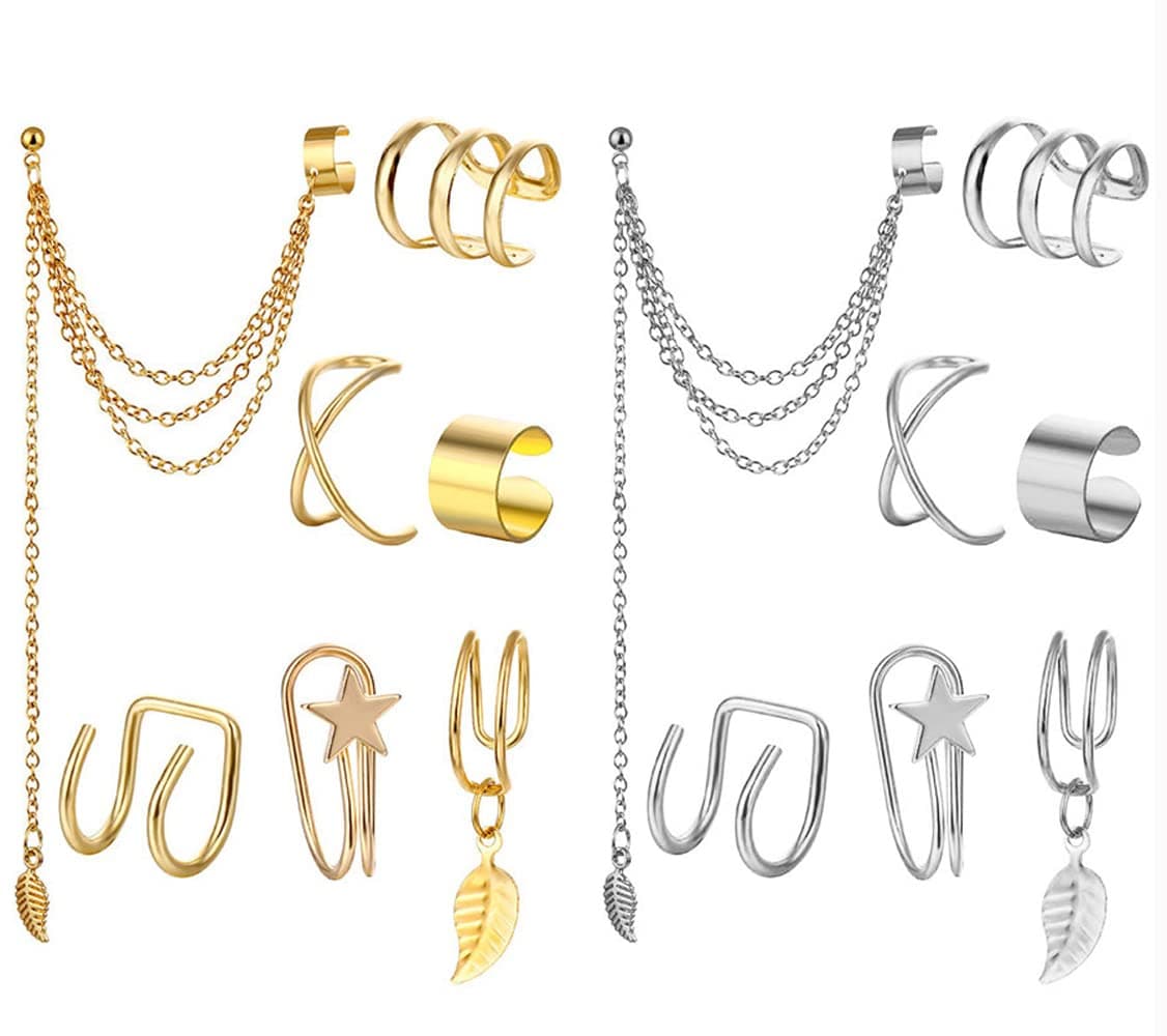Ear Crawler Stud Earrings Chain,2 Sets Gold Silver Color CZ Cuff Wrap Climber Studs Earrings for Women Girls,Cuff Tassel Earrings (11869)