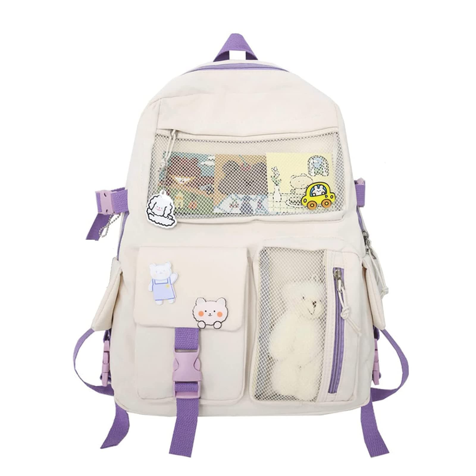 Cute Backpack with Cute Pin Accessories Plush Pendant for School Bag Student Girl Backpack Super-Capacity Waterproof Travel Backpack(White)