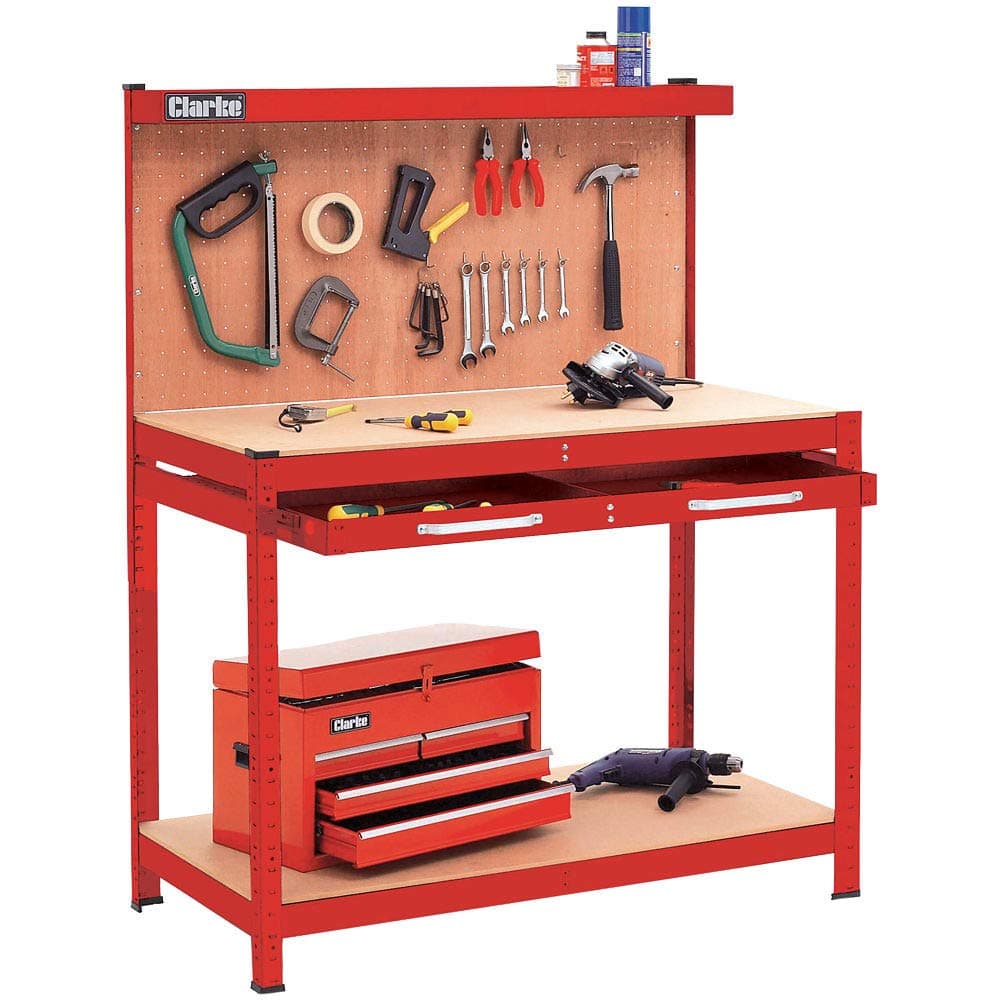 Clarke CWB-R1B Workbench with Pegboard Back Panel & Large Drawer RED