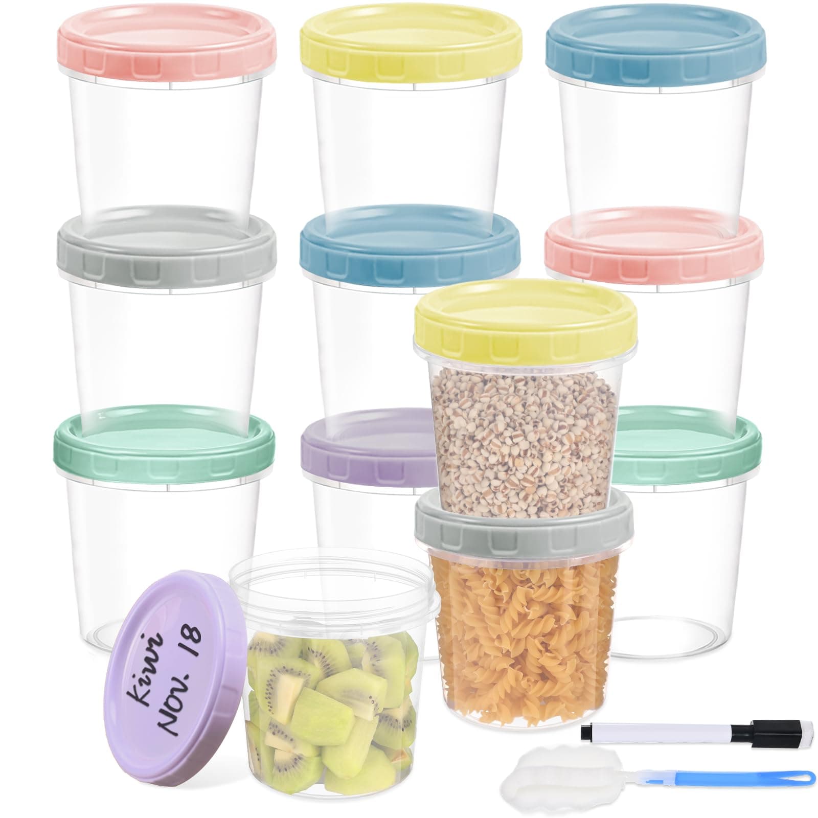 12pcs 32 oz Plastic Containers with Screw Top Lids, Reusable Clear Food Storage Containers with Pen and Brush, Leakproof Freezer Soup Containers, Microwave & Dishwasher Safe