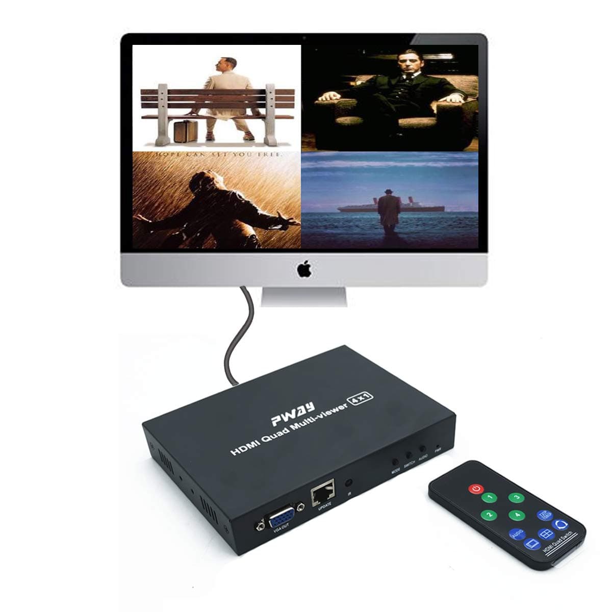 PW-MH41B HDMI 4×1 Quad Multi-Viewer with 1920×1080P@60Hz HDMI1.3 Support Both HDMI and VGA Interfaces and EDID Function