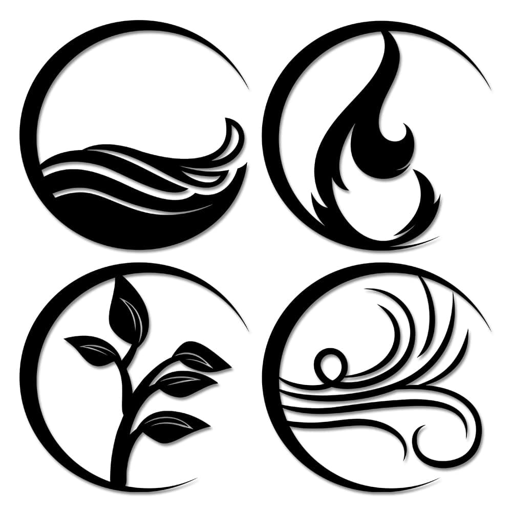 UTF4C Four Elements Circle Metal Wall Art, Classical 4 Elements Symbol Wall Art, Water Fire Earth Wind - Nature Wall Art for Living Room Bedroom, Housewarming Gift, Black/White/Rose Gold, 14 Inch